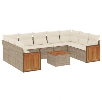 10-tlg. Garten-Sofagarnitur mit Kissen Beige Poly Rattan