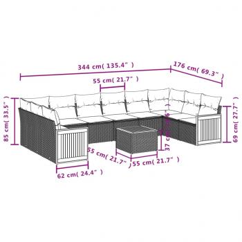 11-tlg. Garten-Sofagarnitur mit Kissen Grau Poly Rattan