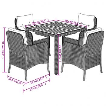 5-tlg. Garten-Essgruppe mit Kissen Grau Poly Rattan