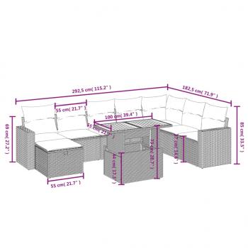 9-tlg. Garten-Sofagarnitur mit Kissen Schwarz Poly Rattan