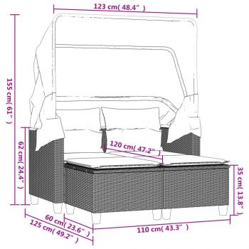 Gartensofa 2-Sitzer mit Dach und Hockern Grau Poly Rattan