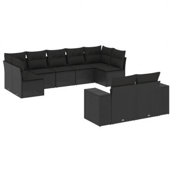 9-tlg. Garten-Sofagarnitur mit Kissen Schwarz Poly Rattan