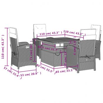 5-tlg. Garten-Essgruppe mit Kissen Schwarz Poly Rattan