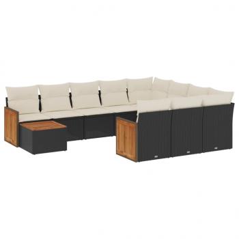 11-tlg. Garten-Sofagarnitur mit Kissen Schwarz Poly Rattan