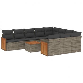 11-tlg. Garten-Sofagarnitur mit Kissen Grau Poly Rattan