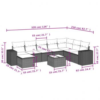 9-tlg. Garten-Sofagarnitur mit Kissen Grau Poly Rattan