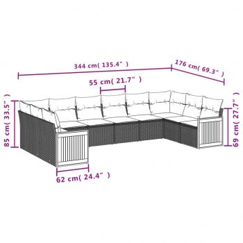 10-tlg. Garten-Sofagarnitur mit Kissen Grau Poly Rattan