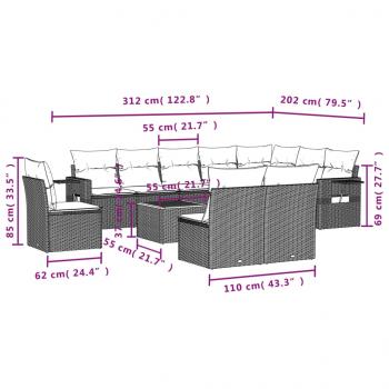 11-tlg. Garten-Sofagarnitur mit Kissen Schwarz Poly Rattan