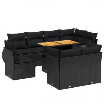 9-tlg. Garten-Sofagarnitur mit Kissen Schwarz Poly Rattan