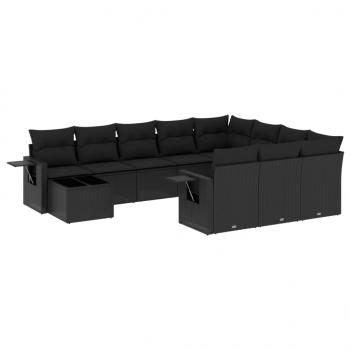 11-tlg. Garten-Sofagarnitur mit Kissen Schwarz Poly Rattan