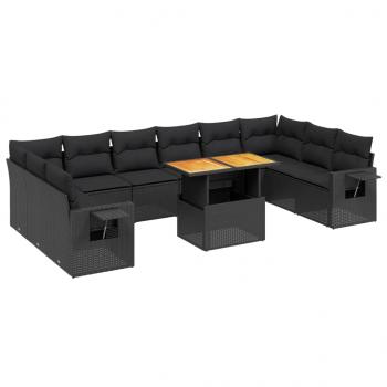 11-tlg. Garten-Sofagarnitur mit Kissen Schwarz Poly Rattan