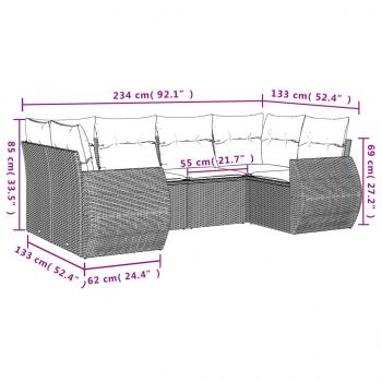 6-tlg. Garten-Sofagarnitur mit Kissen Grau Poly Rattan