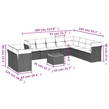 11-tlg. Garten-Sofagarnitur mit Kissen Schwarz Poly Rattan