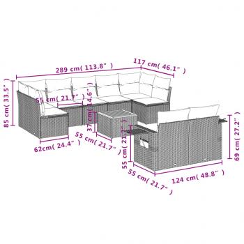 10-tlg. Garten-Sofagarnitur mit Kissen Grau Poly Rattan