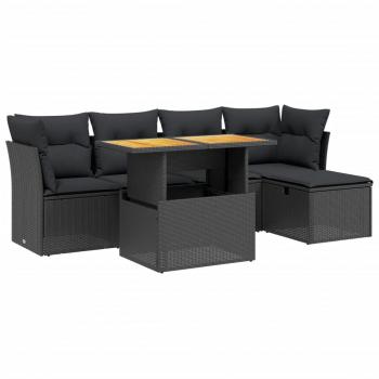 6-tlg. Garten-Sofagarnitur mit Kissen Schwarz Poly Rattan