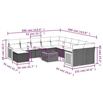 12-tlg. Garten-Sofagarnitur mit Kissen Grau Poly Rattan