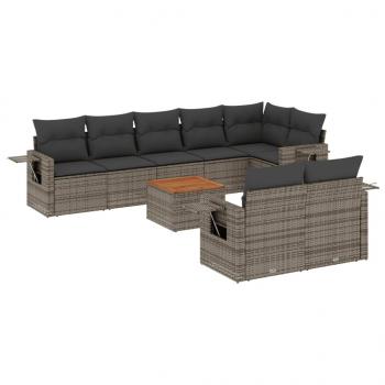 9-tlg. Garten-Sofagarnitur mit Kissen Grau Poly Rattan