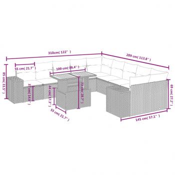 11-tlg. Garten-Sofagarnitur mit Kissen Schwarz Poly Rattan