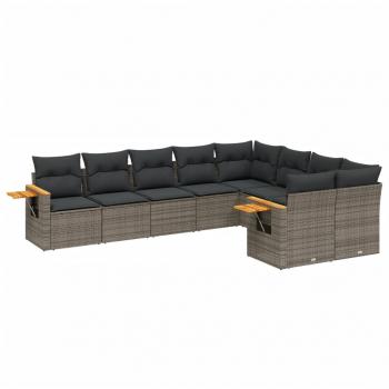 9-tlg. Garten-Sofagarnitur mit Kissen Grau Poly Rattan