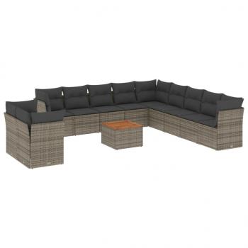 12-tlg. Garten-Sofagarnitur mit Kissen Grau Poly Rattan