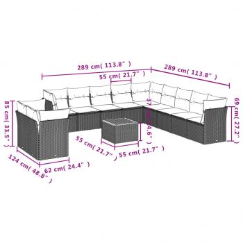 12-tlg. Garten-Sofagarnitur mit Kissen Grau Poly Rattan