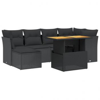 7-tlg. Garten-Sofagarnitur mit Kissen Schwarz Poly Rattan