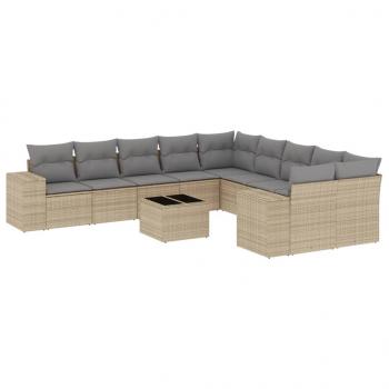 11-tlg. Garten-Sofagarnitur mit Kissen Beige Poly Rattan