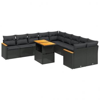 11-tlg. Garten-Sofagarnitur mit Kissen Schwarz Poly Rattan