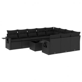 11-tlg. Garten-Sofagarnitur mit Kissen Schwarz Poly Rattan