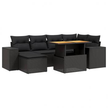 7-tlg. Garten-Sofagarnitur mit Kissen Schwarz Poly Rattan