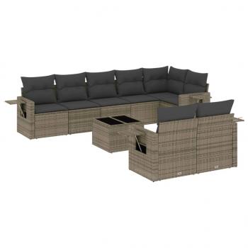 9-tlg. Garten-Sofagarnitur mit Kissen Grau Poly Rattan