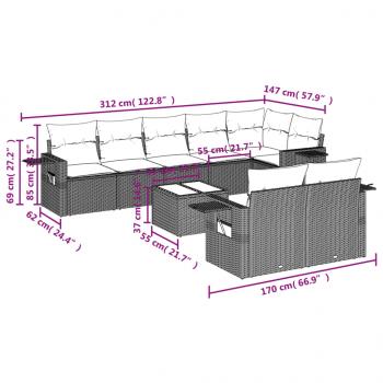 9-tlg. Garten-Sofagarnitur mit Kissen Grau Poly Rattan