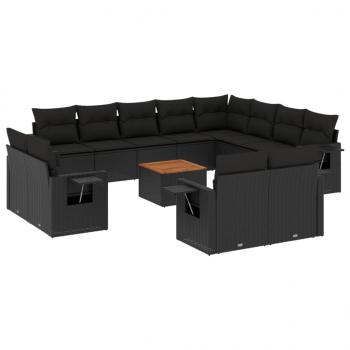 13-tlg. Garten-Sofagarnitur mit Kissen Schwarz Poly Rattan