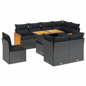 9-tlg. Garten-Sofagarnitur mit Kissen Schwarz Poly Rattan