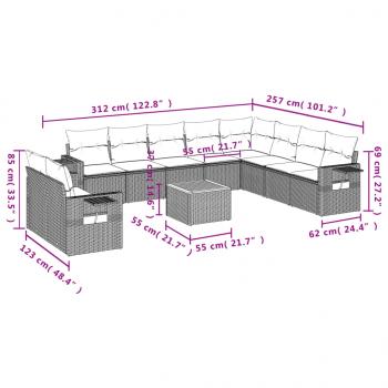 11-tlg. Garten-Sofagarnitur mit Kissen Beige Poly Rattan