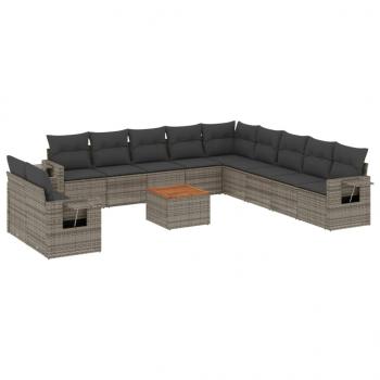 12-tlg. Garten-Sofagarnitur mit Kissen Grau Poly Rattan