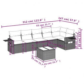 7-tlg. Garten-Sofagarnitur mit Kissen Grau Poly Rattan