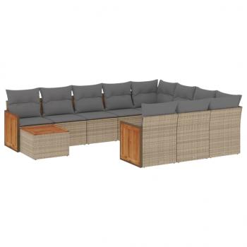 11-tlg. Garten-Sofagarnitur mit Kissen Beige Poly Rattan