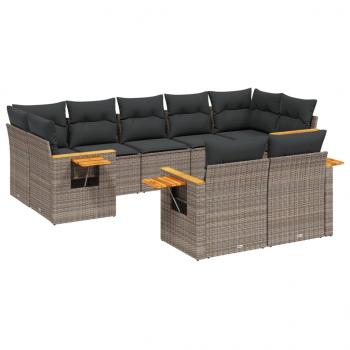 9-tlg. Garten-Sofagarnitur mit Kissen Grau Poly Rattan