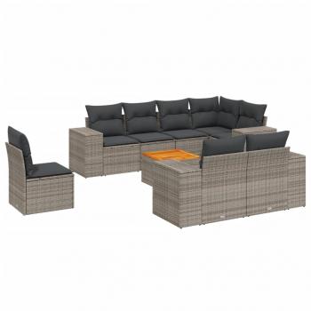 9-tlg. Garten-Sofagarnitur mit Kissen Grau Poly Rattan