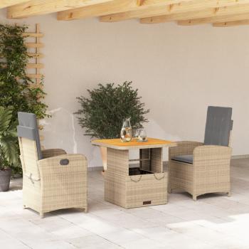 ARDEBO.de - 3-tlg. Garten-Essgruppe mit Kissen Beige Poly Rattan