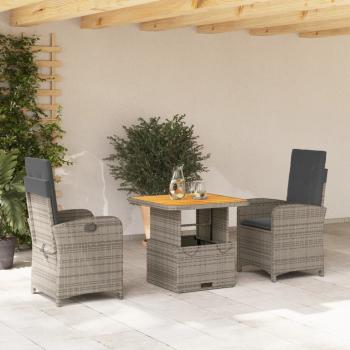 ARDEBO.de - 3-tlg. Garten-Essgruppe mit Kissen Grau Poly Rattan