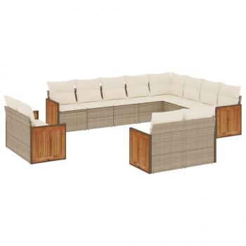 12-tlg. Garten-Sofagarnitur mit Kissen Beige Poly Rattan