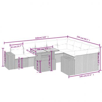 10-tlg. Garten-Sofagarnitur mit Kissen Schwarz Poly Rattan