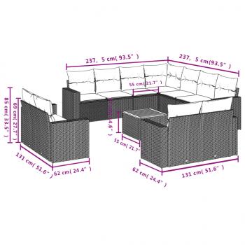 12-tlg. Garten-Sofagarnitur mit Kissen Grau Poly Rattan