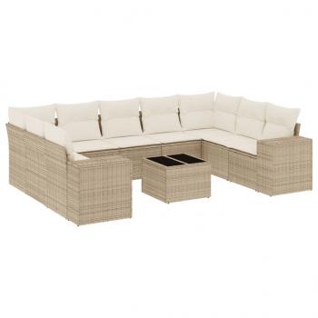 10-tlg. Garten-Sofagarnitur mit Kissen Beige Poly Rattan