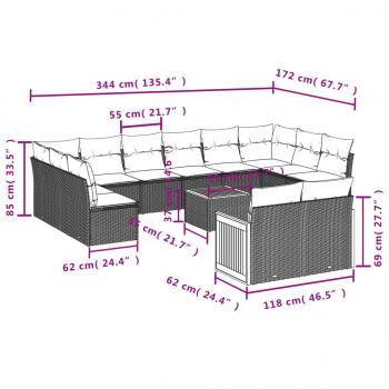 13-tlg. Garten-Sofagarnitur mit Kissen Grau Poly Rattan