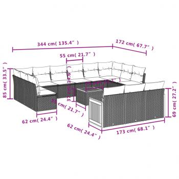 14-tlg. Garten-Sofagarnitur mit Kissen Grau Poly Rattan