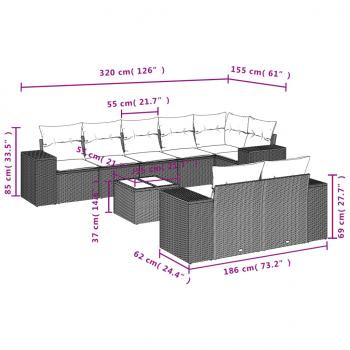 9-tlg. Garten-Sofagarnitur mit Kissen Grau Poly Rattan