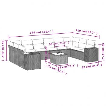 11-tlg. Garten-Sofagarnitur mit Kissen Grau Poly Rattan